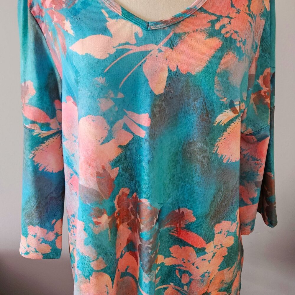 Soft Surroundings Tunic Top Petite Large Peach and Blue Green Knit Like New